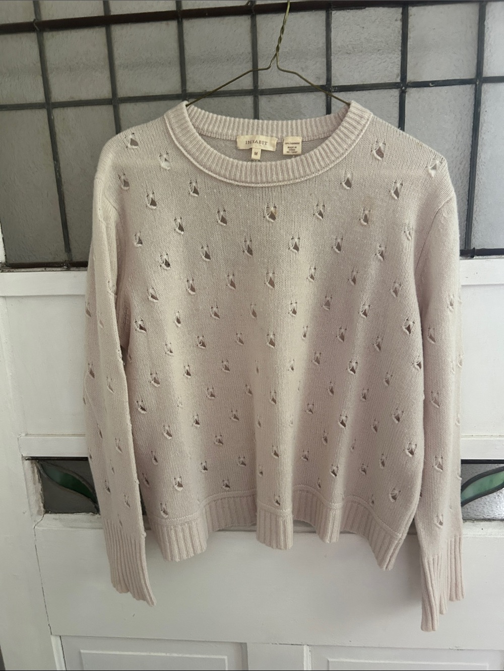 Inhabit 100% cashmere. Ivory Eyelet Crewneck Sweater